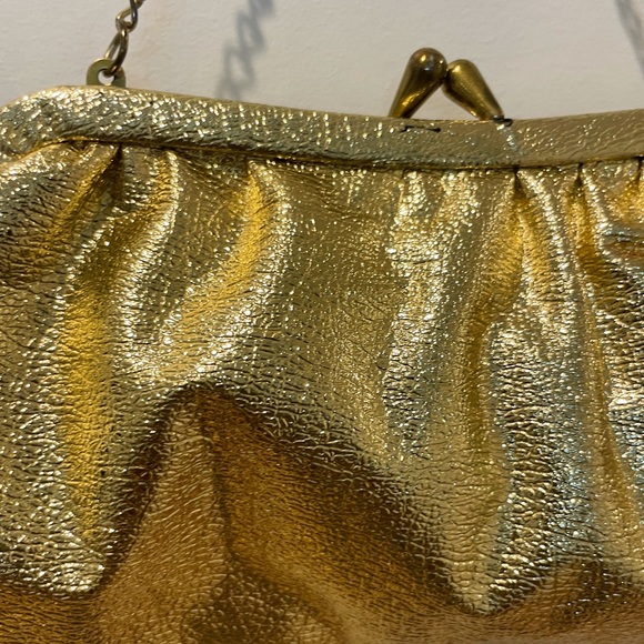 Vintage 50s Gold Lame Top Handle Chain Strap Kiss Lock Handbag - Picture 9 of 13